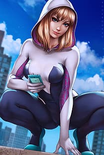 Gwen Stacy, Spider Gwen, blondynka, w kapturze, Marvel Comics, kucanie, grzywka, niebieskie oczy, patrząc na widza, telefon komórkowy, 2D, grafika, rysunek, ilustracja, fanart, Dandonfuga, Tapety HD HD wallpaper