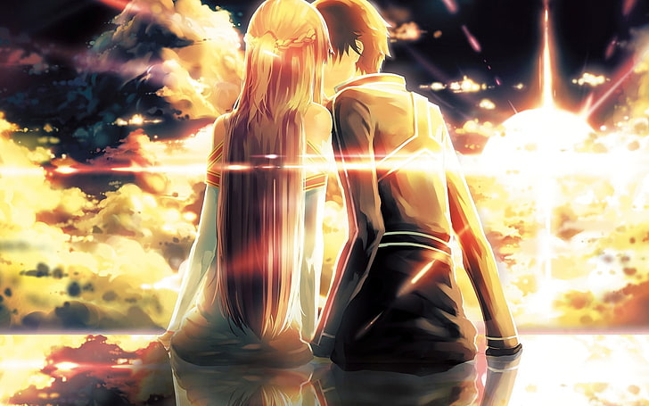 Kirito und Asuna Illustration, Anime, Anime Mädchen, Schwert Art Online, Kirigaya Kazuto, Yuuki Asuna, küssen, HD-Hintergrundbild