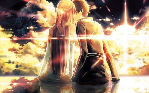 Kirito und Asuna Illustration, Anime, Anime Mädchen, Schwert Art Online, Kirigaya Kazuto, Yuuki Asuna, küssen, HD-Hintergrundbild HD wallpaper