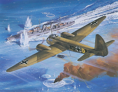 海、空、戦争、煙、図、船、爆発、目標、バースト、アート、爆撃機、飛行機、軍事、日没、駆逐艦、ドイツ語、ユンカース、WW2、Ju-88、 HDデスクトップの壁紙 HD wallpaper