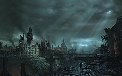 apocalyptic, city, Hellgate: London, ruin, moon rays, video games, London, HD wallpaper HD wallpaper