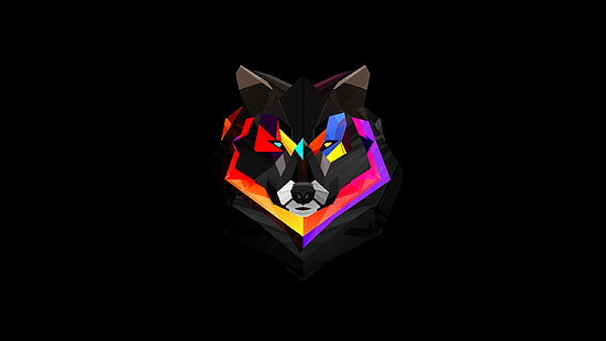 wolf illustration, multicolored wolf illustration, minimalism, abstract, Justin Maller, Facets, black background, animals, simple background, HD wallpaper HD wallpaper