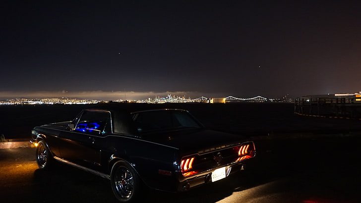 schwarzer klassischer Ford Mustang nachts, Ford Mustang, Ford, HD-Hintergrundbild