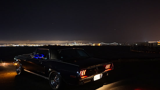 夜、フォードマスタング、フォードで黒の古典的なフォードマスタング、 HDデスクトップの壁紙 HD wallpaper