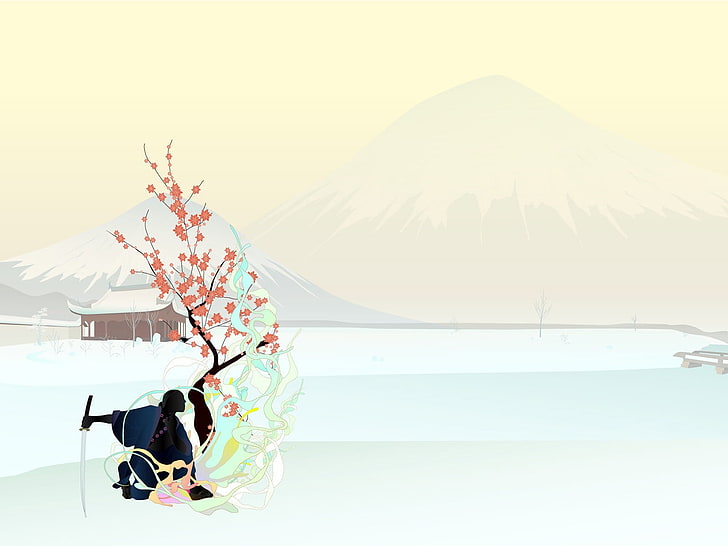 Ilustraciones de flores de cerezo, fondo simple, Japón, samurai, katana, Fondo de pantalla HD