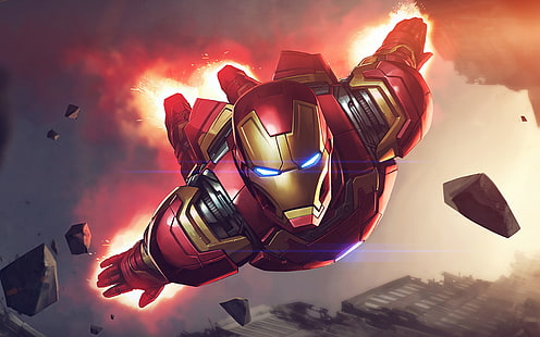 Ironman, герой, чудо, илюстрация, изкуство, синьо, ракета, HD тапет HD wallpaper