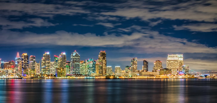 panoramic architectural photography of lighted building, san diego, san diego, Stormy, panoramic, architectural photography, building, Downtown San Diego, City, Cityscape, san diego bay, christmas time, 32-bit, hdr, canon 5d mark iii, mark 3, night, urban Skyline, downtown District, skyscraper, architecture, urban Scene, uSA, reflection, built Structure, dusk, famous Place, building Exterior, illuminated, HD wallpaper
