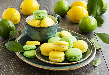 зелена керамична чаша и чиния, лимон, бисквитки, чиния, чаша, лайм, плодове, жълто, зелено, цитрусови плодове, десерт, макарон, HD тапет HD wallpaper