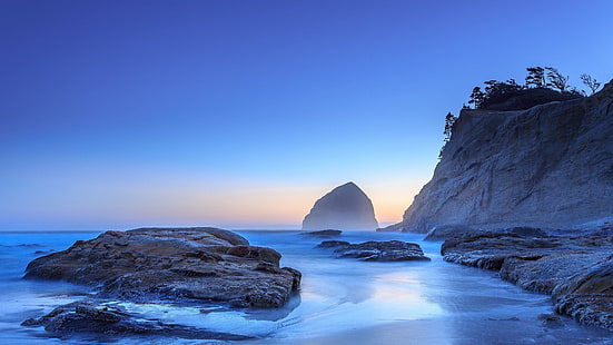 水、日没、アメリカ合衆国、カリフォルニア、海景、青い瞬間、ビーチ、地平線、崖、岬、青、夕暮れ、岩、海、空、海岸、太平洋、水域、海岸、 HDデスクトップの壁紙 HD wallpaper