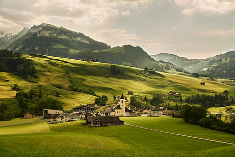 landscape aerial photo during day time, swiss, swiss, Swiss, Landscape, aerial photo, day, time, Mountain, Switzerland, Zeiss, 70mm, F4, italy, european Alps, europe, summer, nature, outdoors, meadow, scenics, hill, grass, rural Scene, green Color, italian Culture, sky, landscaped, HD wallpaper HD wallpaper