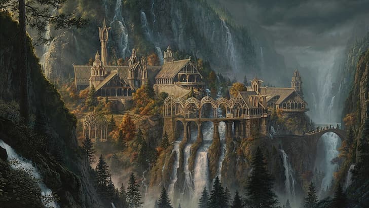 The Lord of the Rings: The Fellowship of the Ring, Rivendell, waterfall, artwork, mountains, canyon, city, HD wallpaper