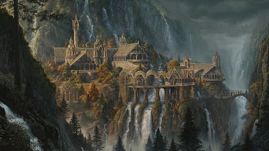 The Lord of the Rings: The Fellowship of the Ring, Rivendell, vattenfall, konstverk, berg, kanjon, stad, HD tapet HD wallpaper