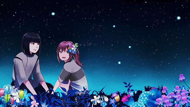 away, chihiro, flowers, haku, night, ogino, spirited, stars, HD wallpaper