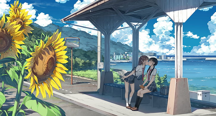yuri, sunflowers, kissing, schoolgirl, anime girls, anime, miniskirt, sky, flowers, outdoors, HD wallpaper