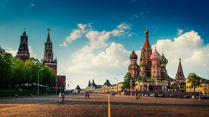 ulica, katedra, wieża zegarowa, ludzie, rynek, Rosja, miejski, stolica, drzewa, Kreml, pejzaż miejski, Moskwa, chmury, stary budynek, kostka brukowa, Plac Czerwony, miasto, architektura, budynek, Tapety HD