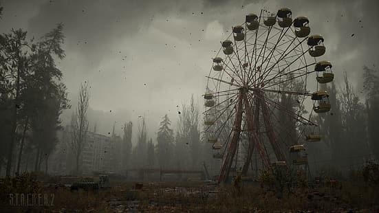 Nuvole, nebbia, alberi, l'edificio, Stalker, logo, Chernobyl, Pripyat, S. T. A. L. K. E. R. 2, Stalker 2, S. T. A. L. K. E. R., ruota panoramica, GSC Game World, Screenshot, Sfondo HD HD wallpaper