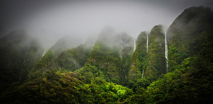 cascada, naturaleza, paisaje, niebla, bosque, montañas, Fondo de pantalla HD