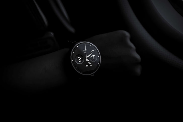 black and white, dark, moto 360, motorola, smartwatch, time, watch, wristwatch, HD wallpaper