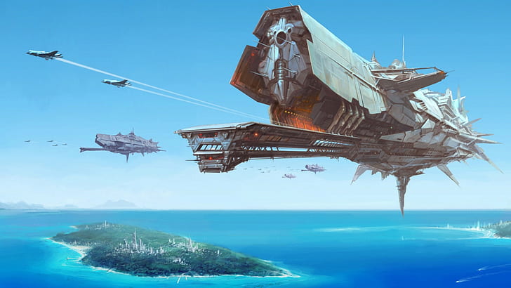Aerodrome, aircraft, artwork, Futuristic, island, science fiction, sea, spaceship, HD wallpaper