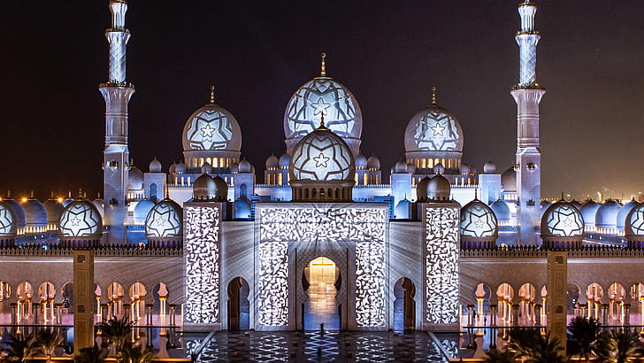Джамия Шейх Зайед Абу Даби Обединени арабски емирства Декорация на светлинни ефекти през нощта Hd 2560 × 1440, HD тапет