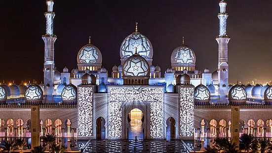 Mesquita Sheikh Zayed Abu Dhabi Emirados Árabes Unidos Efeitos de luz Decoração à noite Papéis de parede Hd 2560 × 1440, HD papel de parede HD wallpaper