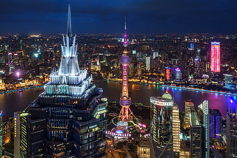 Градове, Шанхай, Сграда, Китай, Град, Нощ, Небостъргач, река Яндзъ, HD тапет HD wallpaper