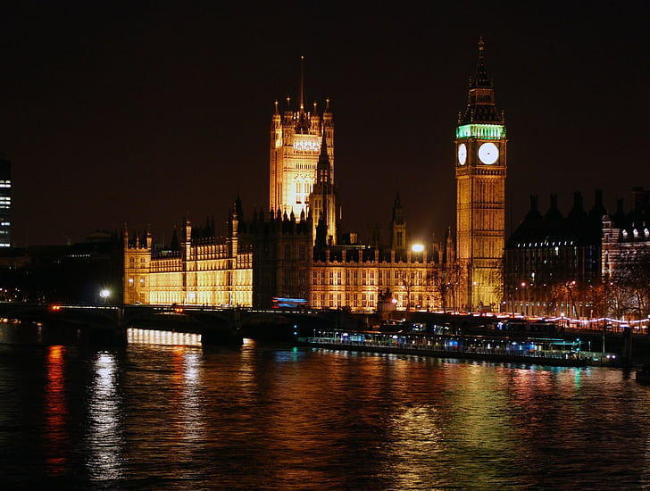 لندن ، ساعة بيج بن ، نهر التايمز ، الليل ، المدينة ، أبراج الساعة، خلفية HD