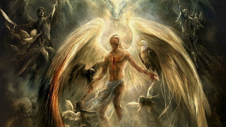 god, angel, war, animals, death, fantasy, HD wallpaper