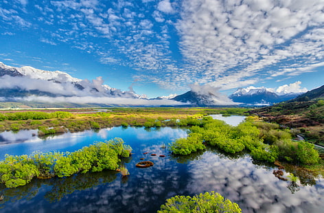 body of water surrounding plants during daytime, Drone, Love, body of water, plants, daytime, New Zealand, Queenstown, Glenorchy, Otago  NZ, South Island, Islands, Road, Horizontal, Colour, Color, Tutorial, HDR Photography, Outdoor, Outdoors, Outside, RR, Daily, Day, Time, Reflections, Mirror  Lake, Water, Mountain, Travel, Snow, Sharp, Purple, Green  Yellow, Black  Sun, Clouds, Lake Wakatipu, landscape, cloud, sky, sea  People, nature, lake, scenics, reflection, beauty In Nature, river, HD wallpaper HD wallpaper