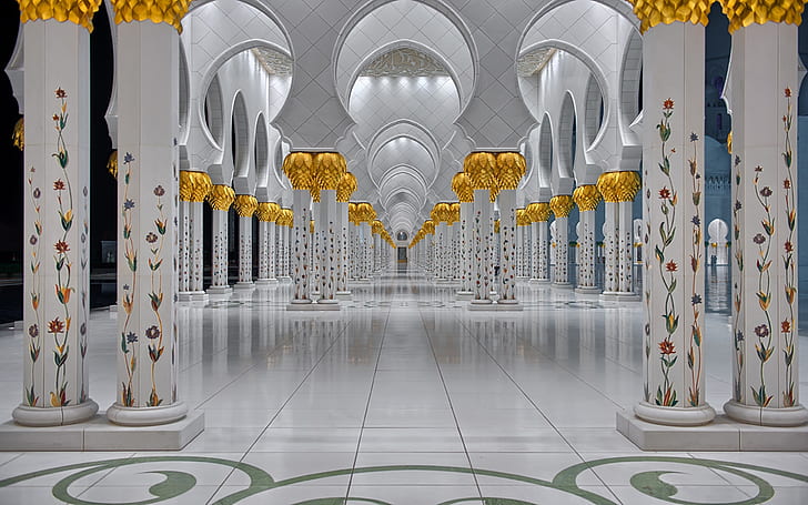Vita marmorkolonner med blommönster Sheikh Zayed Grand Mosque i Abu Dhabi Förenade Arabemiraten Skrivbordsunderlägg Gratis nedladdning 120 × 1200, HD tapet