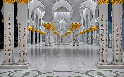Vita marmorkolonner med blommönster Sheikh Zayed Grand Mosque i Abu Dhabi Förenade Arabemiraten Skrivbordsunderlägg Gratis nedladdning 120 × 1200, HD tapet HD wallpaper