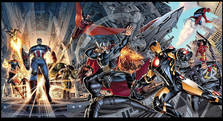 Marvel Heroes wallpaper, The Avengers, Avengers, Black Widow, Captain America, Hawkeye, Hulk, Iron Man, Ms. Marvel, Spider-Man, Spider-Woman, Thor, Wolverine, HD wallpaper