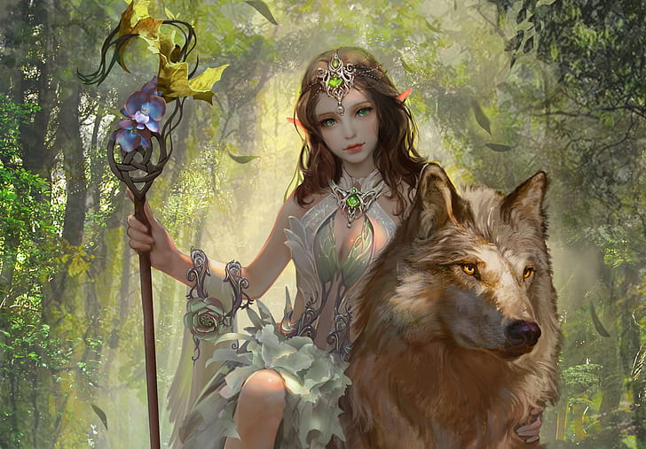 sztuka cyfrowa, kobiety, wilk, przyroda, fantasy art, elfy, księżniczka, Tapety HD