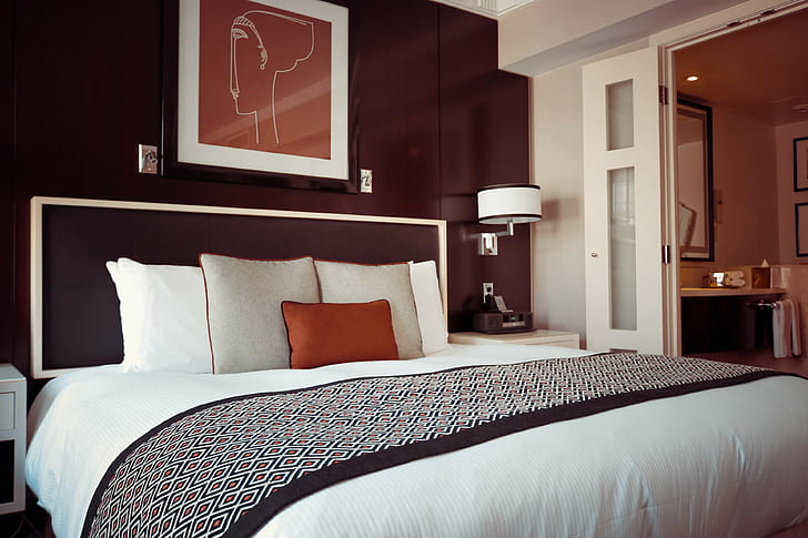 bed, bedroom, cozy, indoors, lamp, pillows, room, HD wallpaper