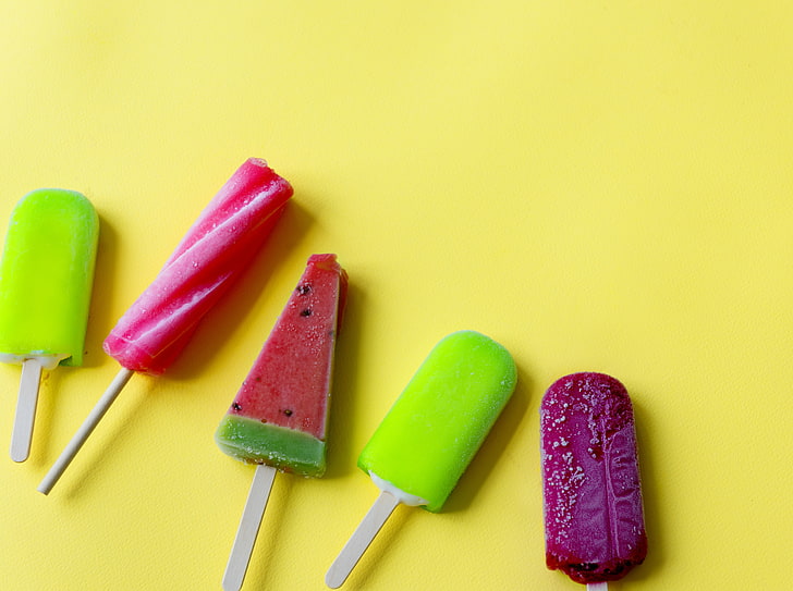Summer Popsicles, five assorted-flavor popsicles, Food and Drink, Summer, Frozen, Sweet, dessert, coloful, popsicles, icepop, HD wallpaper
