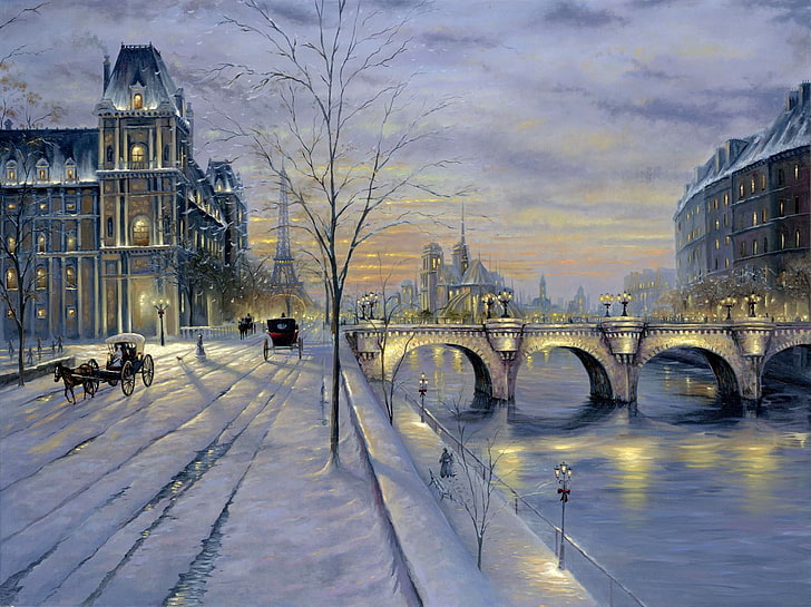 Карлов мост, Чехия, зима, снег, закат, улица, Париж, картина, финал, HD обои