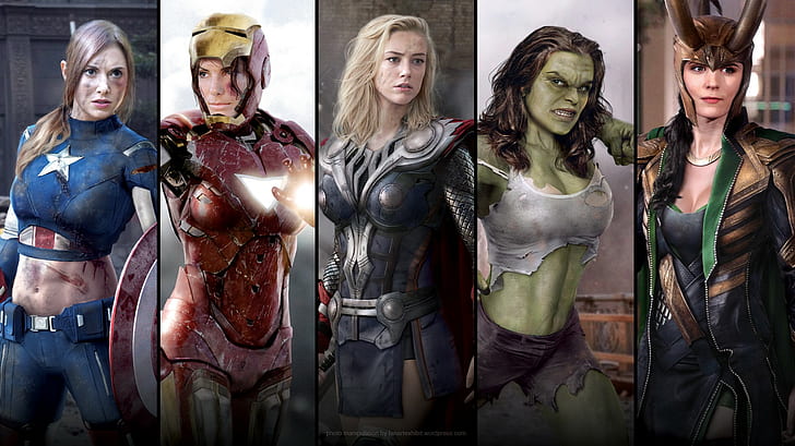 Iron Man, collage, The Avengers, Amber Heard, hero, Captain America, Hulk, Sandra Bullock, Loki, fakes, Thor, photo manipulation, women, Alison Brie, HD wallpaper
