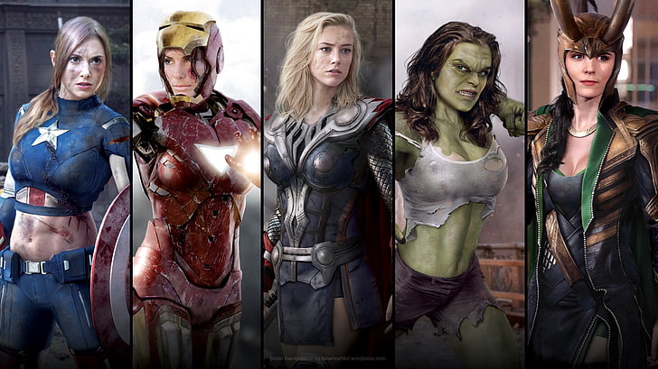 Marvel Superheroes เวอร์ชั่นผู้หญิงคอลลาจไม่มีชื่อผู้หญิงดิอเวนเจอร์สฮีโร่กัปตันอเมริกาไอรอนแมนฮัลค์การแต่งรูป ธ อร์โลกิแซนดร้าบูลล็อคแอมเบอร์เฮิร์ดอลิสันบรีการจับแพะชนแกะของปลอม, วอลล์เปเปอร์ HD