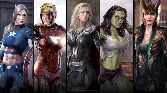 Marvel Superheroes เวอร์ชั่นผู้หญิงคอลลาจไม่มีชื่อผู้หญิงดิอเวนเจอร์สฮีโร่กัปตันอเมริกาไอรอนแมนฮัลค์การแต่งรูป ธ อร์โลกิแซนดร้าบูลล็อคแอมเบอร์เฮิร์ดอลิสันบรีการจับแพะชนแกะของปลอม, วอลล์เปเปอร์ HD HD wallpaper
