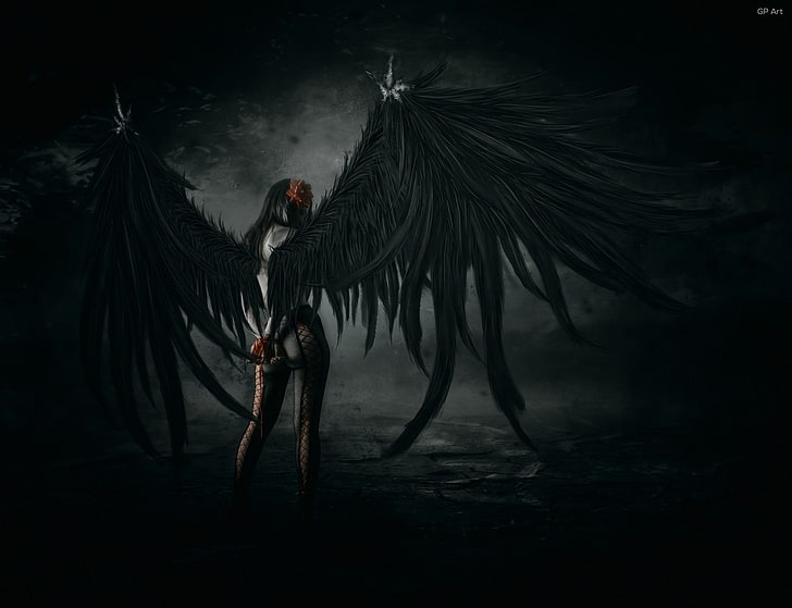 검은 날개를 가진 캐릭터 벽지, 소녀, 포즈, 날개, 미술, 스타킹, 타락한 천사, HD 배경 화면