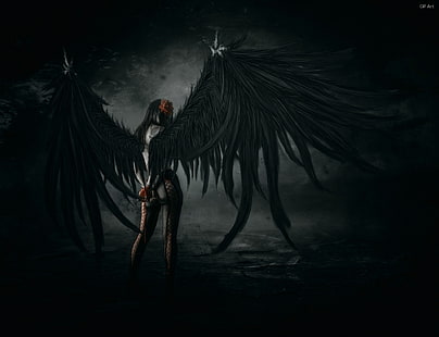 герой с черни крила тапет, момиче, поза, крила, изкуство, чорапогащи, паднал ангел, HD тапет HD wallpaper