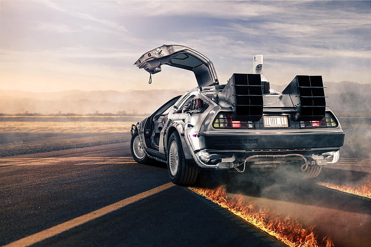 Назад к будущему автомобильные обои, серебристый автомобиль DeLorean Back-to-Future, Назад в будущее, автомобиль, суперкары, огонь, фильмы, дым, DeLorean, цифровое искусство, HD обои