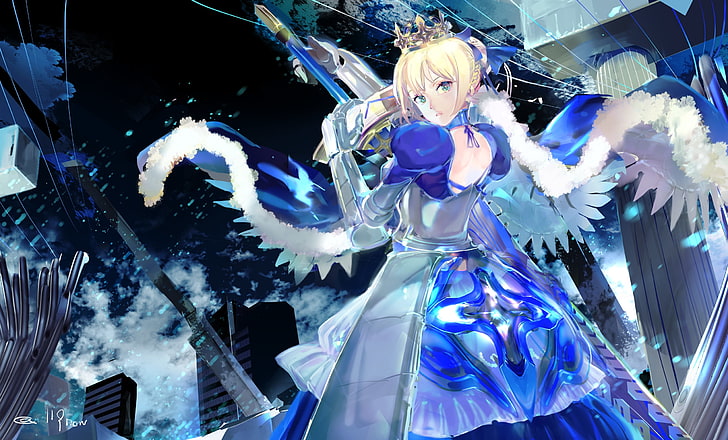 saber, big sword, fate stay night, blonde, back view, Anime, HD wallpaper