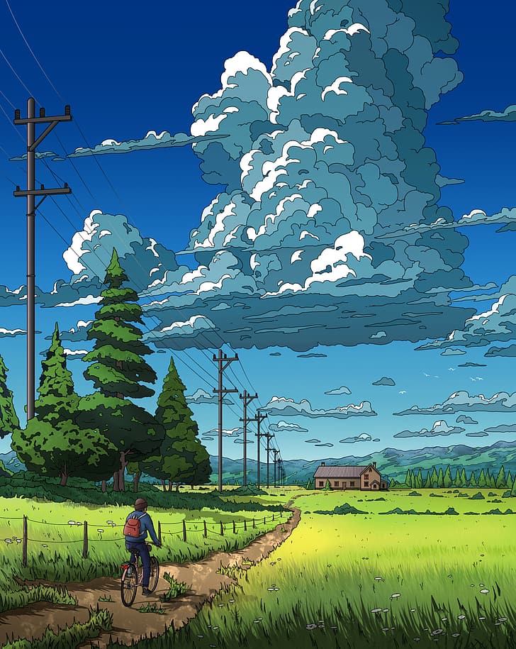 Christian Demczuk, artwork, digital art, illustration, field, house, trees, clouds, power lines, nature, bicycle, mountains, portrait display, HD wallpaper