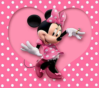 Ilustração de Minnie Mouse, coração, rosa, desenho animado, disney, rato, bolinhas, minnie, HD papel de parede HD wallpaper