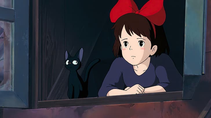 Kiki's Delivery Service, Kiki (kiki's delivery service), filmes de animação, fotos de filmes, Studio Ghibli, Hayao Miyazaki, anime, animação, gatos, janela, jiji, HD papel de parede