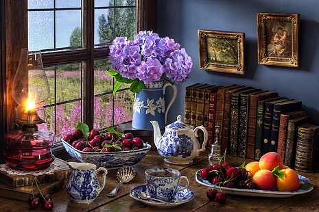 Fotografi, stilleben, bok, skål, frukt, hortensia, lampa, kanna, te, HD tapet HD wallpaper