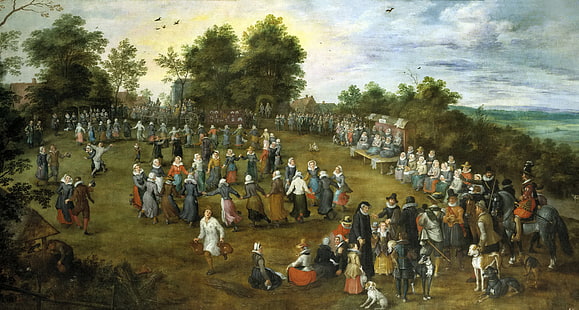 people, picture, genre, Jan Brueghel the elder, The village Dances in front of the Grand Dukes, HD wallpaper HD wallpaper