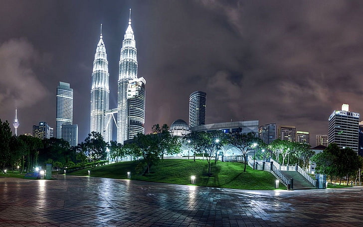 페트로나스 트윈 타워, 쿠알라 룸푸르, 말레이시아, 밤, 건축, HD 배경 화면