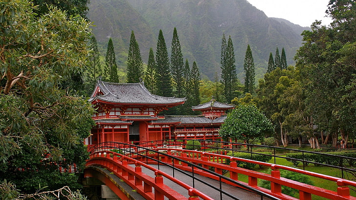 Япония храм, мост, природа, планини, храм Byodo-in, долина на храмовете, долина, храм, Хавай, HD тапет